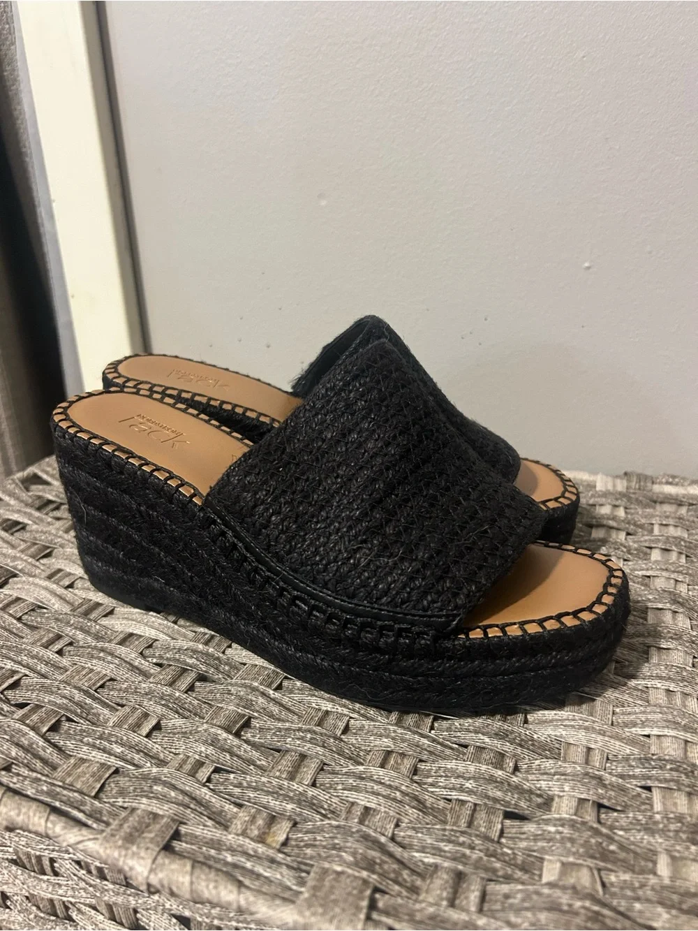 Black Woven Espadrille Wedge Slide - Women's